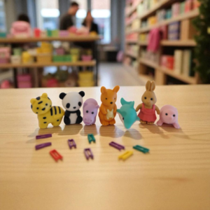 Iwako Animal Puzzle Erasers (7-Piece Set) in Cute Collection Box (Pink)