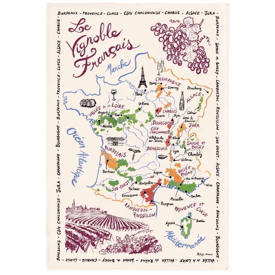 French Tea Towel - La Carte Des Vins De France